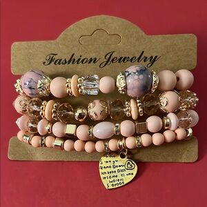 Fashion Jewelry Pink and Gold Beaded Bracelet Set